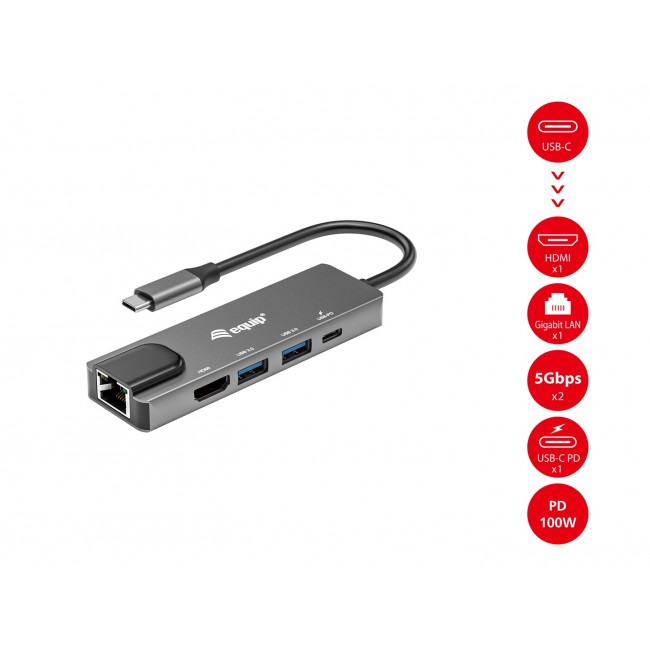 Equip USB-C 5 in1 Multifunction Adapter, HDMI, Gigabit LAN, USB 3.2 GEN1, 100W USB PD