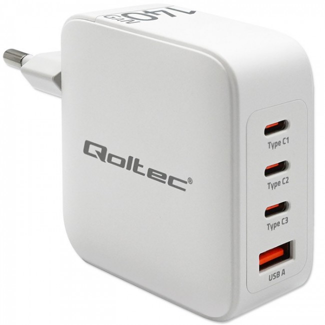 Qoltec 140W GaN Wall Charger | 5-20V | 2.5-5A | 3 x USB-C PD | 1 x USB QC 3.0 | White Qoltec 140W GaN Wall Charger | 5-20V | 2.5-5A | 3 x USB-C PD | 1 x USB QC 3.0 | White