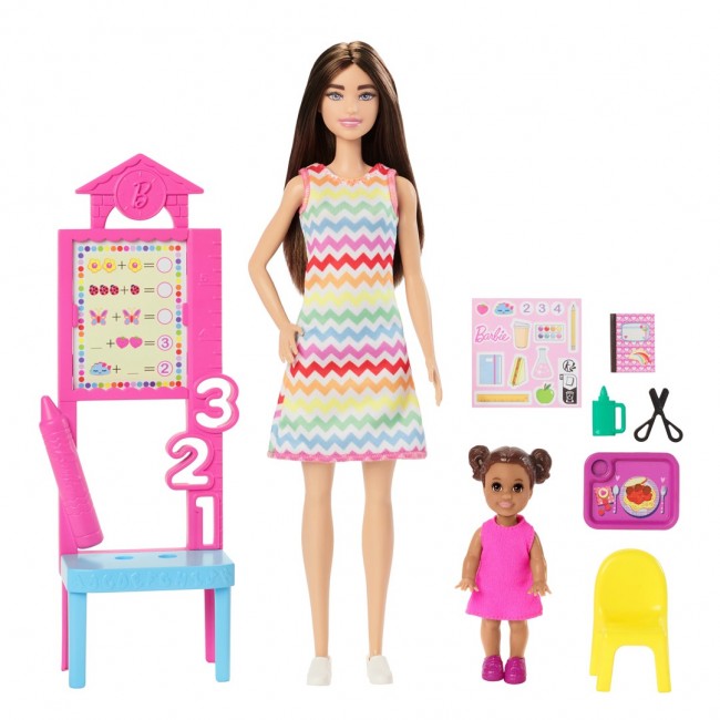 Barbie Teacher Doll with Brunette Fashion Doll, 1 Toddler Doll, & Teaching Accessories