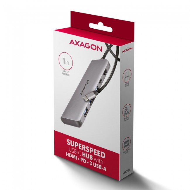 Axagon HMC-5H USB 5Gbps hub, 3x USB-A, HDMI 4k/30Hz, PD 100W, 100cm USB-C cable