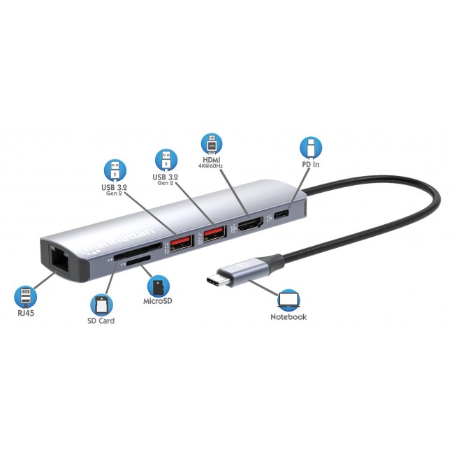 Manhattan USB-C Dock/Hub with Card Reader, Ports (x5): Ethernet, HDMI, USB-A (x2) and USB-C, with Power Delivery (PD) 100W- requires external USB-C charger (not included). USB powered (no external power supply required) when PD is not in use