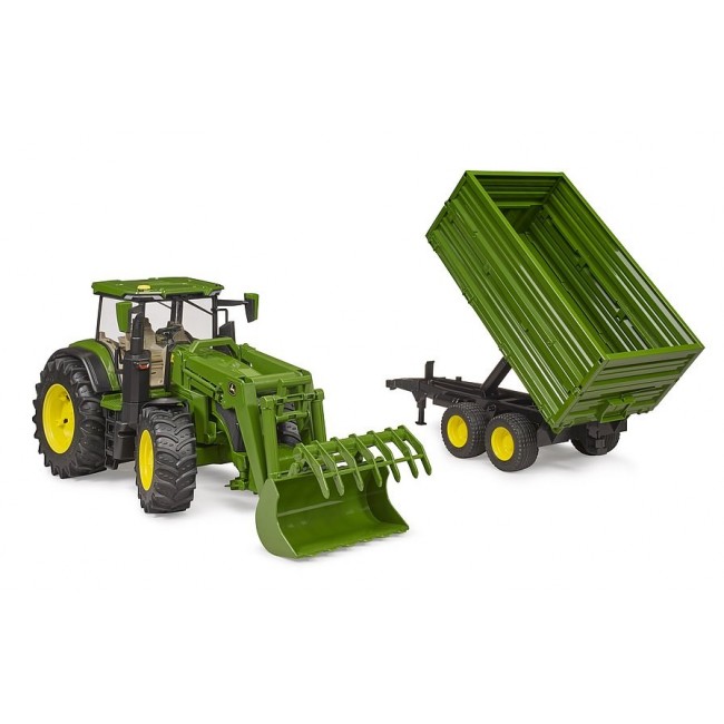 John Deere 7R 350 tractor with front loader and 2-axle trailer 03155 BRUDER