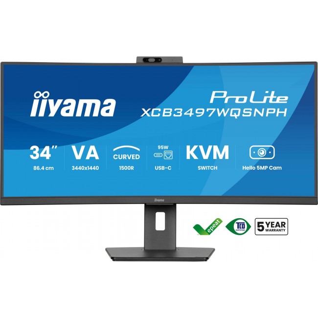iiyama ProLite 34 VA UWQHD curved monitor with a built-in Windows Hello camera and microphone, USB-C Dock, LAN, KVM-Switch and 15cm height adjustable stand