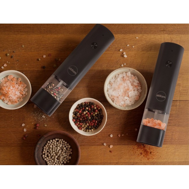 ELDOM ZMP5 BATTERY-POWERED PEPPER AND SALT GRINDER SET WITH STAND, BLACK