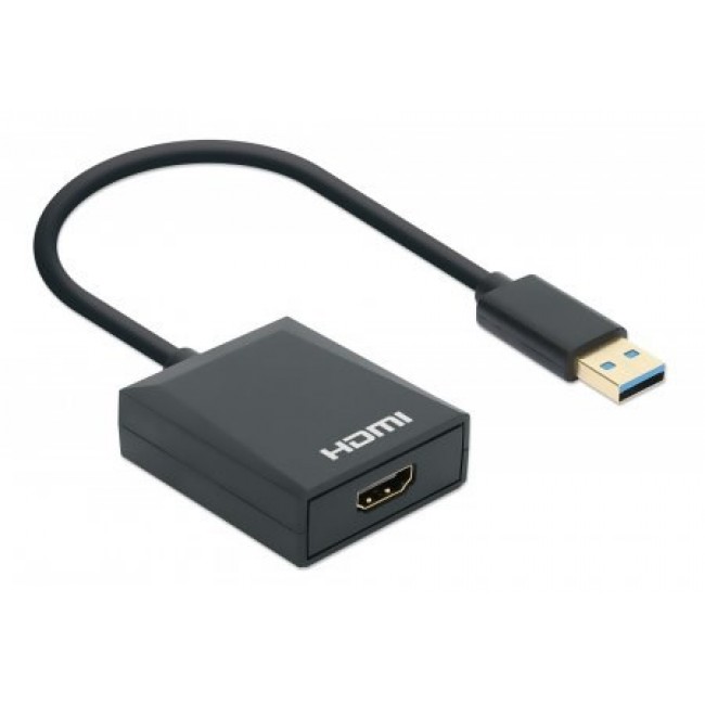 Manhattan USB-A to HDMI Cable, 1080p@60Hz, Converts USB 3.2 Gen1 (aka USB 3.0) signal to HDMI, 15cm, Black, Male to Female, Three Year Warranty