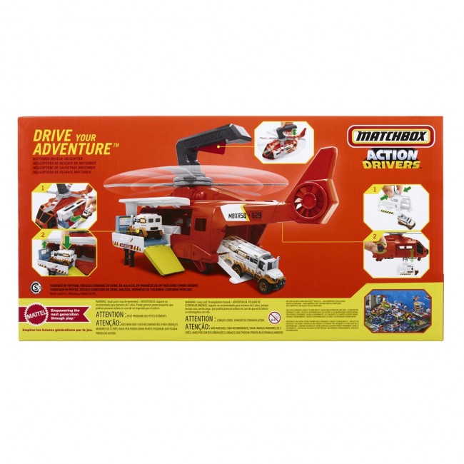 Matchbox Action Drivers Rescue Helicopter,16-In Large-Scale Helicopter with 1:64 Scale Die-Cast Toy Ambulance