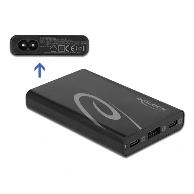 DeLOCK USB Charger 2 x USB Type-C PD 3.0 + 1 x USB Type-A with 60 W