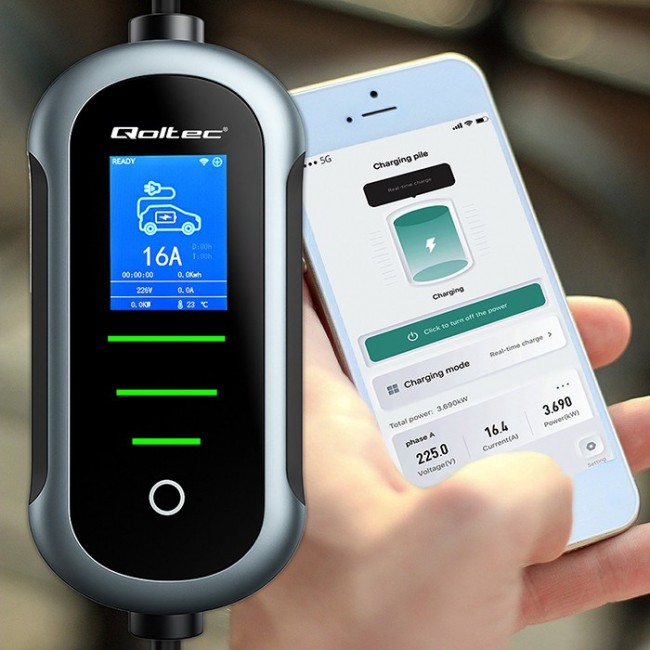 Qoltec Mobilna adowarka do samochodu elektrycznego EV i hybryd z regulacją 2w1 Typ2 | 11kW | 400V | CEE 16A | Wi-fi | TUYA | SMART LIFE | LCD | Przeno na | Wallbox | 5m