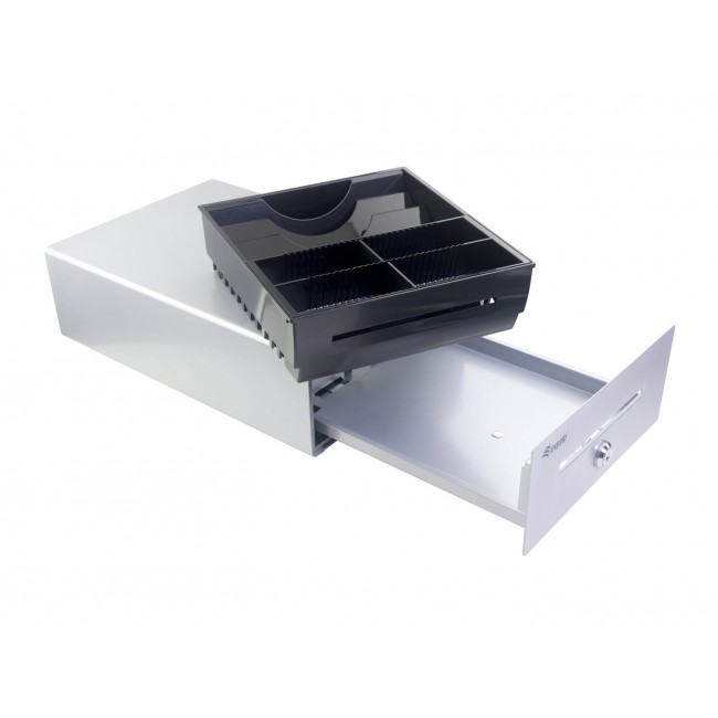 Equip Cash Register Drawer for Point of Sale (POS) System, 4 Bill/4 Coin Compartments, Removable Coin Slots, RJ11 connector, Aluminum