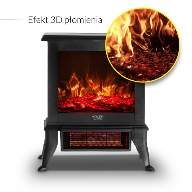 Electric fireplace ADLER AD 7754 2 heat settings: 1000W / 1800W | 3D flame effect | Thermostat Black