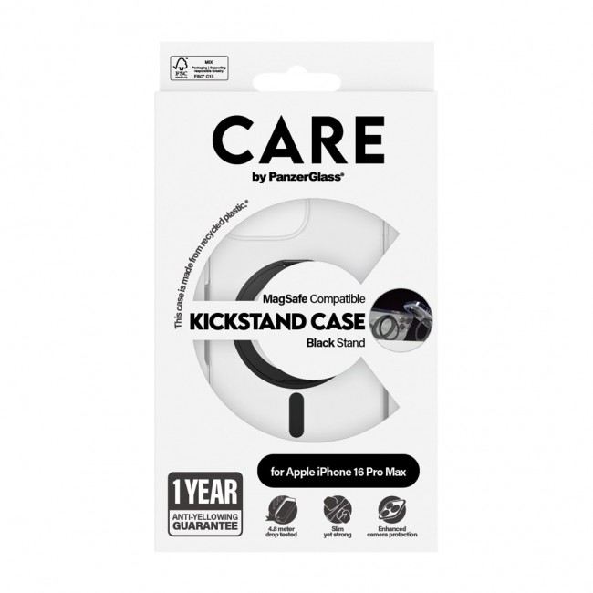 PanzerGlass CARE by Case Transparent w. Black Kickstand & MagSafe iPhone 16 Pro Max