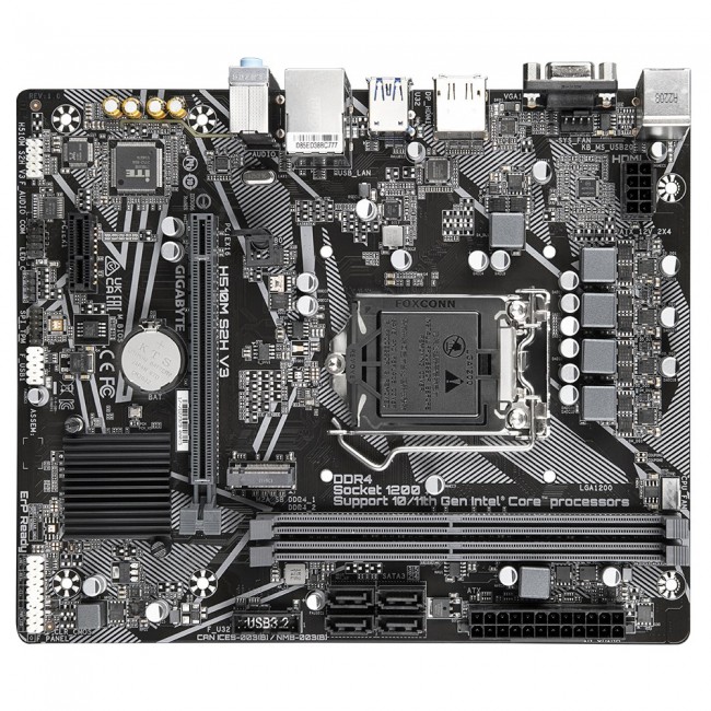 Gigabyte H510M S2H V3 Motherboard - Supports Intel Core 11th CPUs, up to 3200MHz DDR4 (OC), 1xPCIe 3.0 M.2, GbE LAN, USB 3.2 Gen 1