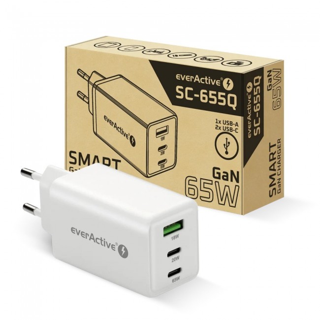 Charger GaN 1 x USB, 2 x USB-C Quick Charge 4+ 65W white Charger GaN 1 x USB, 2 x USB-C Quick Charge 4+ 65W white