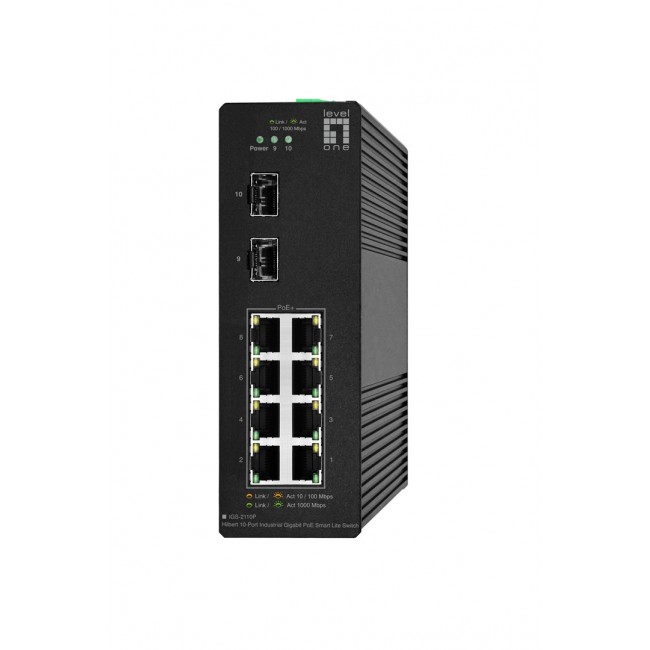 LevelOne Hilbert 10-Port Industrial Gigabit PoE Smart Lite Switch, 2 x SFP, 8 PoE Outputs, 802.3at/af PoE