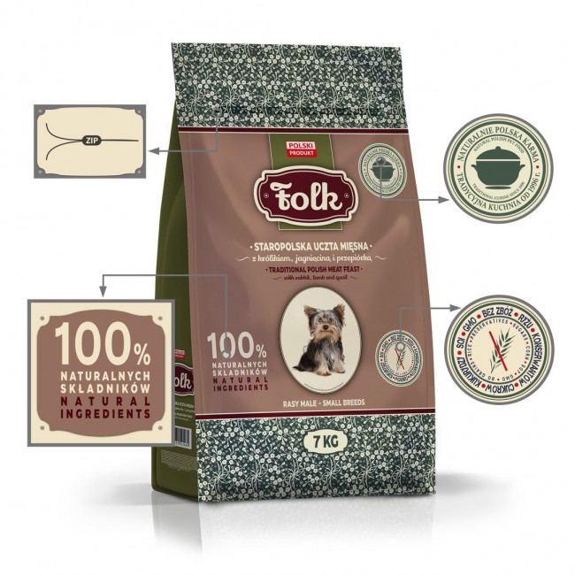 FOLK Small breeds Traditional polish meat feast with rabbit, lamb and quail - dry dog food - 7kg FOLK Small breeds Traditional polish meat feast with rabbit, lamb and quail - dry dog food - 7kg