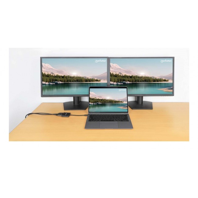 Manhattan USB-C to Dual HDMI and USB-A Adapter, Dual 4K@30Hz or Single 4K@60Hz, USB 2.0 USB-A Port (480 Mbps), Up to 100W USB-C Power Delivery Pass-Through, 15cm Cable, Black, Three Year Warranty