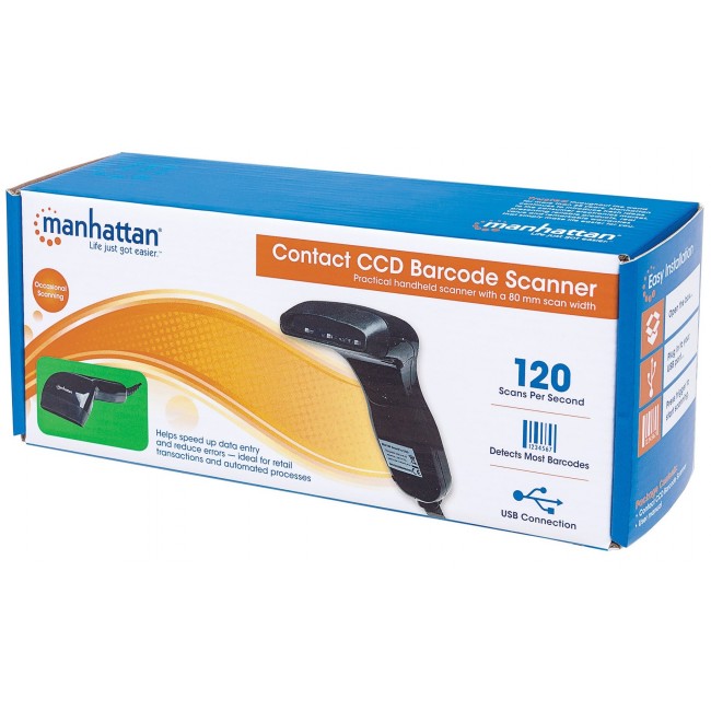 Manhattan Contact CCD Handheld Barcode Scanner, USB, 80mm Scan Width, Cable 152cm, Max Ambient Light: 3,000 lux (sunlight), Black, Three Year Warranty Manhattan Contact CCD Handheld Barcode Scanner, USB, 80mm Scan Width, Cable 152cm, Max Ambient Light: 3,000 lux (sunlight), Black, Three Year Warranty