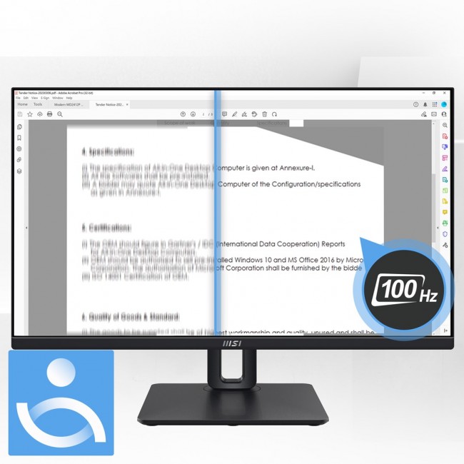MSI Pro MP245PG 24 Inch Monitor, FHD (1920 x 1080), 100Hz, IPS, 1ms, 1x HDMI 1.4b, 1x DP 1.2a output, 1x D-Sub(VGA), Built-in Speakers, Anti-Glare, Anti-Flicker, Less Blue light, T V Certified, VESA, Kensington, 4-way adjustable stand, Black MSI Pro MP245PG 24 Inch Monitor, FHD (1920 x 1080), 100Hz, IPS, 1ms, 1x HDMI 1.4b, 1x DP 1.2a output, 1x D-Sub(VGA), Built-in Speakers, Anti-Glare, Anti-Flicker, Less Blue light, T V Certified, VESA, Kensington, 4-way adjustable stand, Black