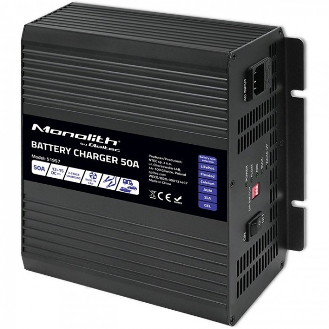 Qoltec Intelligent Professional Monolith Battery Charger for LiFePO4 AGM GEL SLA batteries | 50A | 12V Qoltec Intelligent Professional Monolith Battery Charger for LiFePO4 AGM GEL SLA batteries | 50A | 12V