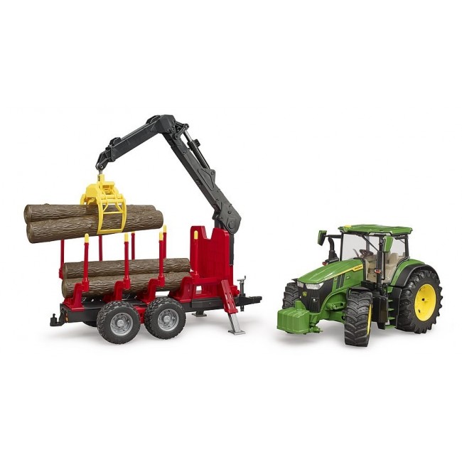 BRUDER John Deere 7R 350 with forestry trailer and 4 trunks