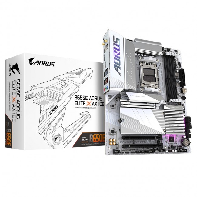 GIGABYTE B650E AORUS ELITE X AX ICE Motherboard - AMD Ryzen 9000 Series CPUs, 12+2+2 Phases VRM, up to 8000MHz DDR5 (OC), 1xPCIe 5.0 + 2xPCIe 4.0 M.2, 2.5GbE LAN, WIFI 6E, USB 3.2 Gen 2 GIGABYTE B650E AORUS ELITE X AX ICE Motherboard - AMD Ryzen 9000 Series CPUs, 12+2+2 Phases VRM, up to 8000MHz DDR5 (OC), 1xPCIe 5.0 + 2xPCIe 4.0 M.2, 2.5GbE LAN, WIFI 6E, USB 3.2 Gen 2