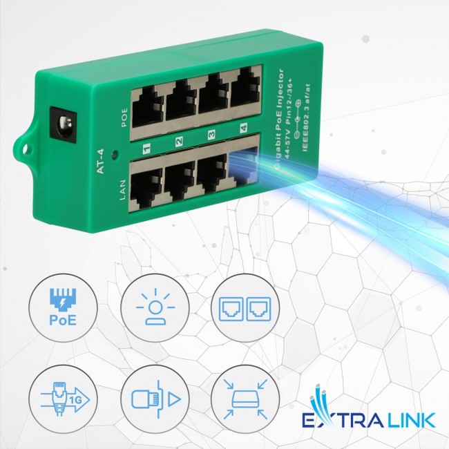 Extralink Gigabit PoE Injector 4 Portowy Active, 4 ports Gigabit 802.3at/af, Mode A