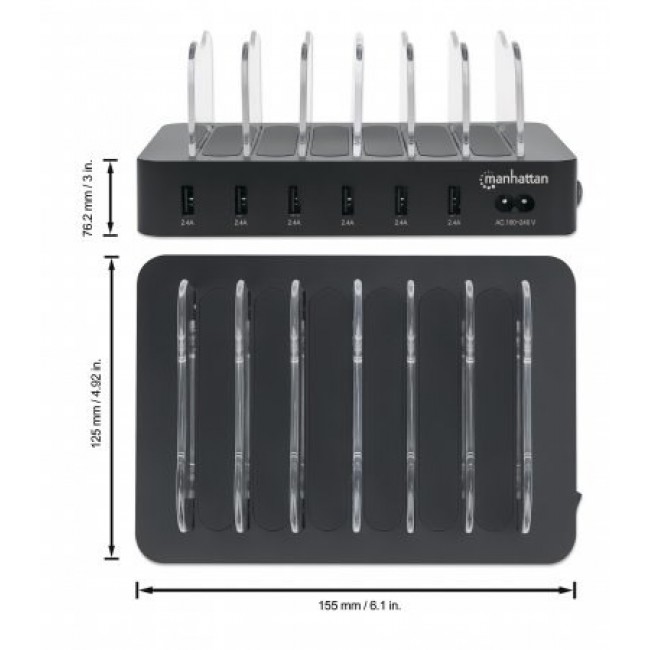 Manhattan Charging Station, 6x USB-A Ports, Outputs: 6x 2.4A, Smart IC, LED Indicator Lights, Black, Three Year Warranty