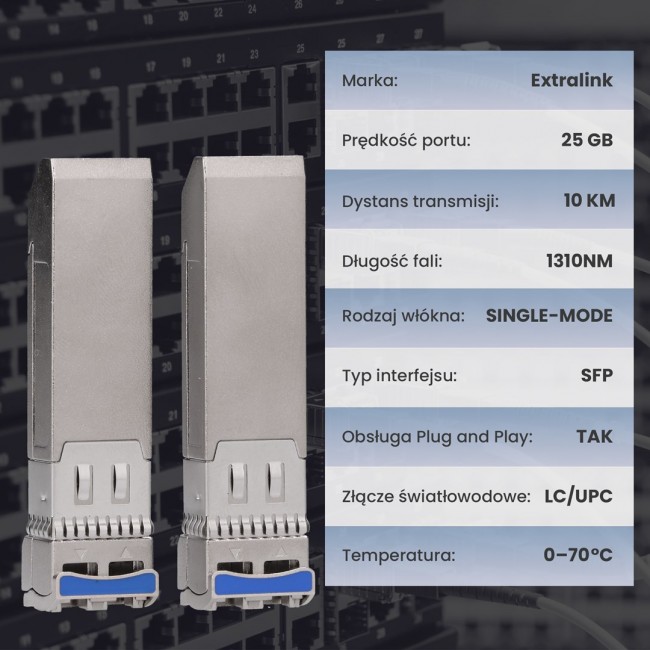 Extralink SFP28 25G 2-Pack | SFP28 Module | 25Gbps, LC/UPC Duplex, 1310nm, 10km, single mode, DOM network transceiver module Extralink SFP28 25G 2-Pack | SFP28 Module | 25Gbps, LC/UPC Duplex, 1310nm, 10km, single mode, DOM network transceiver module