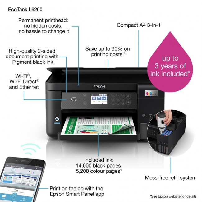 Epson L6260 Inkjet A4 4800 x 1200 DPI 33 ppm Wi-Fi Epson L6260 Inkjet A4 4800 x 1200 DPI 33 ppm Wi-Fi