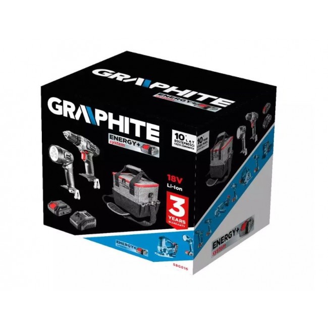 Graphite cordless tool set drill/driver, flashlight, bag, Energy+ 18V battery and charger