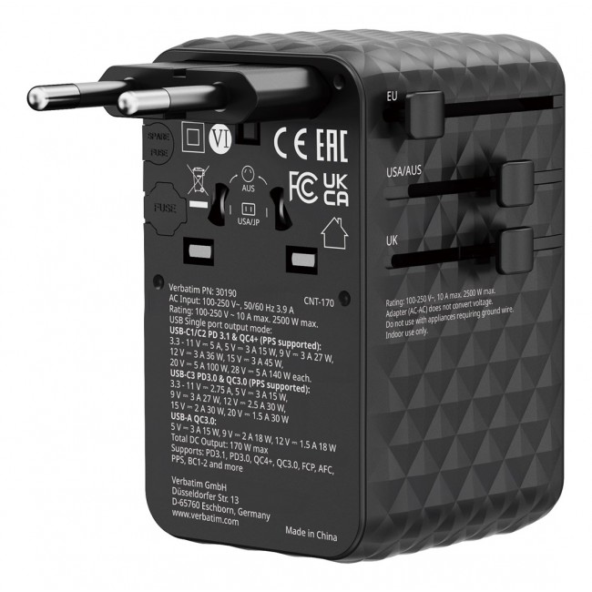 Verbatim Charge 'n' Travel 170W Universal Travel Adapter Black