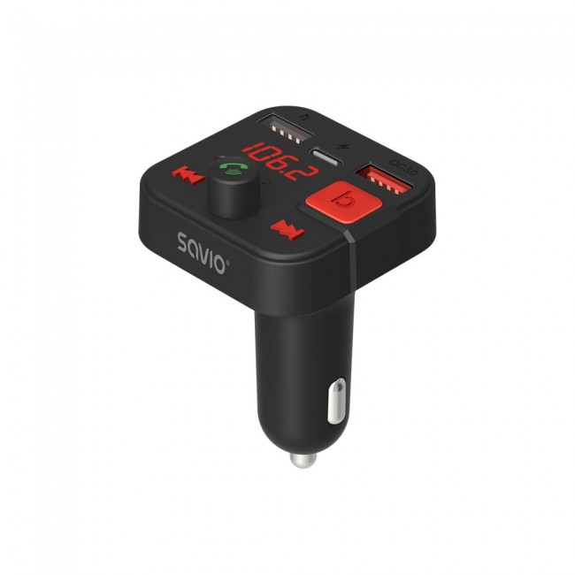 SAVIO FM transmitter, Bluetooth 5.3, QC 3.0 charger, LED display, Bass Boost, TR-15, black SAVIO FM transmitter, Bluetooth 5.3, QC 3.0 charger, LED display, Bass Boost, TR-15, black