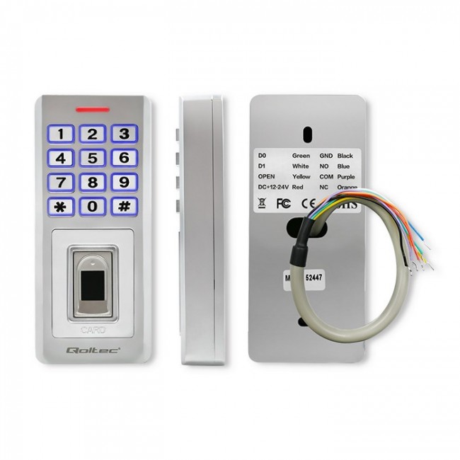 Qoltec 52447 Code lock OBERON with fingerprint reader | RFID | Code | Card | key fob | Doorbell | IP68 | EM