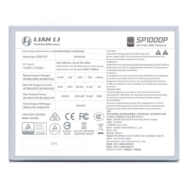 Lian Li SP1000P power supply unit 1000 W 24-pin ATX SFX White Lian Li SP1000P power supply unit 1000 W 24-pin ATX SFX White
