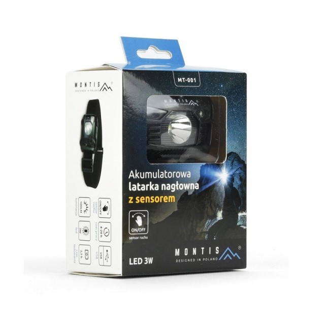 Montis Akumulatorowa latarka nag owna z sensorem MT001 Black Headband flashlight LED