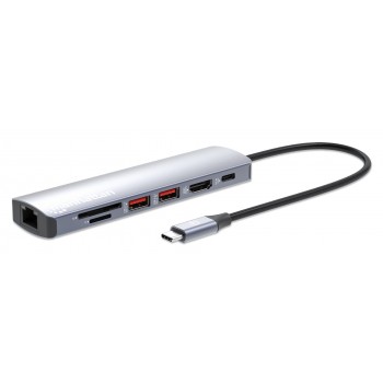 Manhattan USB-C Dock/Hub with Card Reader, Ports (x5): Ethernet, HDMI, USB-A (x2) and USB-C, with Power Delivery (PD) 100W- requires external USB-C charger (not included). USB powered (no external power supply required) when PD is not in use