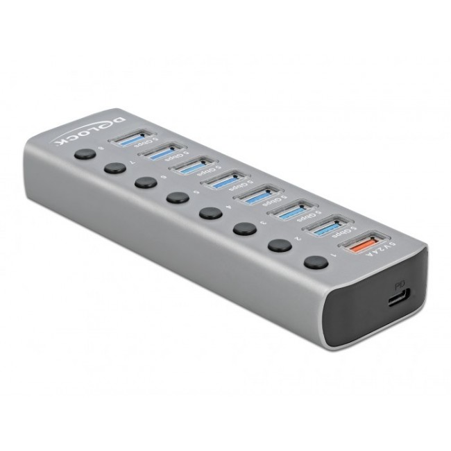 DeLOCK USB 5 Gbps Hub with 7 Ports + 1 Fast Charging Port + 1 USB-C PD 3.0 Port with Switch and Illumination
