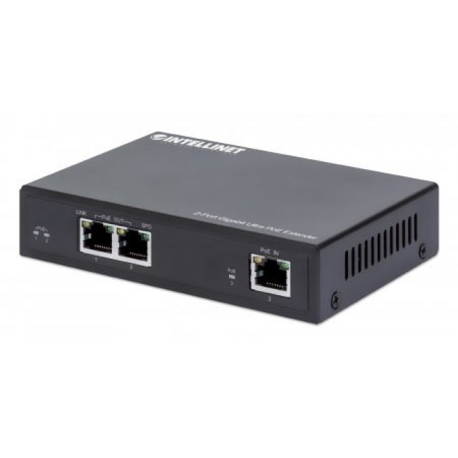 Intellinet 2-Port Gigabit Ultra PoE Extender, Adds up to 100 m (328 ft.) to PoE Range, PoE Power Budget 60 W, Two PSE Ports with 30 W Output Each, IEEE 802.3bt/at/af Compliant, Metal Housing