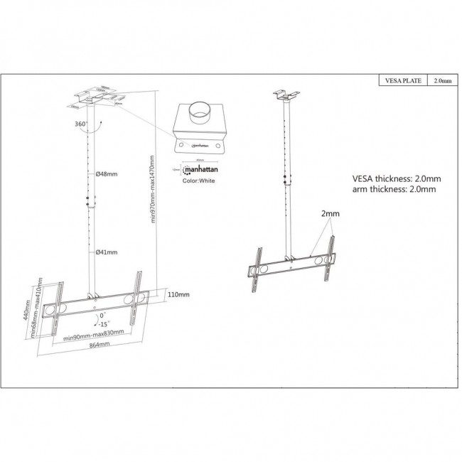 Manhattan TV & Monitor Mount, Ceiling, 1 screen, Screen Sizes: 37-75
