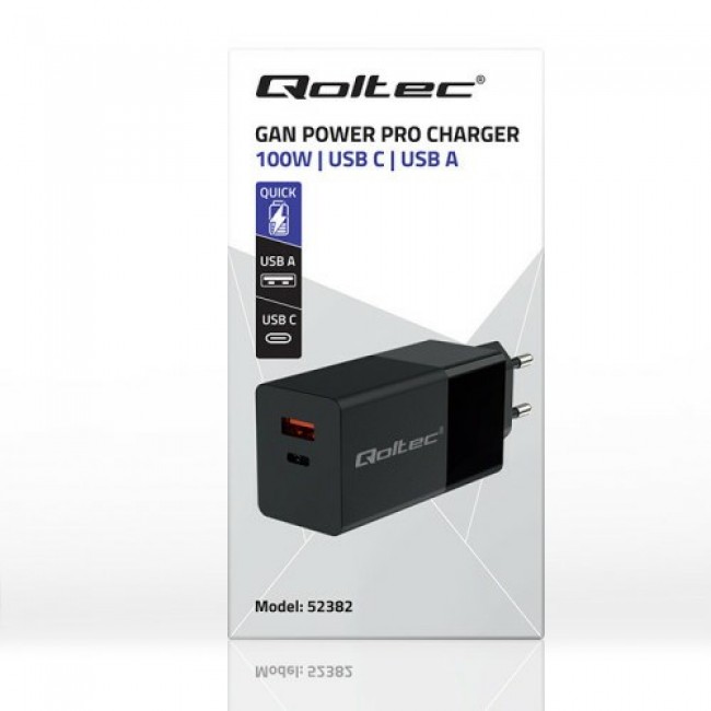 Qoltec GaN POWER PRO Charger | 1xUSB-C | 1xUSB | 100W | 5-20V | 1.5-5A | XP | Black