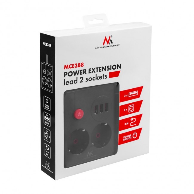 Maclean power strip, extender 2 sockets + 3xUSB, 110-240V AC 50/60Hz, 2.1A max 2500W, 3 m, black, MCE388 B Maclean power strip, extender 2 sockets + 3xUSB, 110-240V AC 50/60Hz, 2.1A max 2500W, 3 m, black, MCE388 B