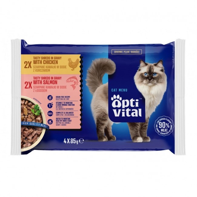 OPTIVITAL Shreds in gravy with chicken and salmon - wet cat food - 4x85g