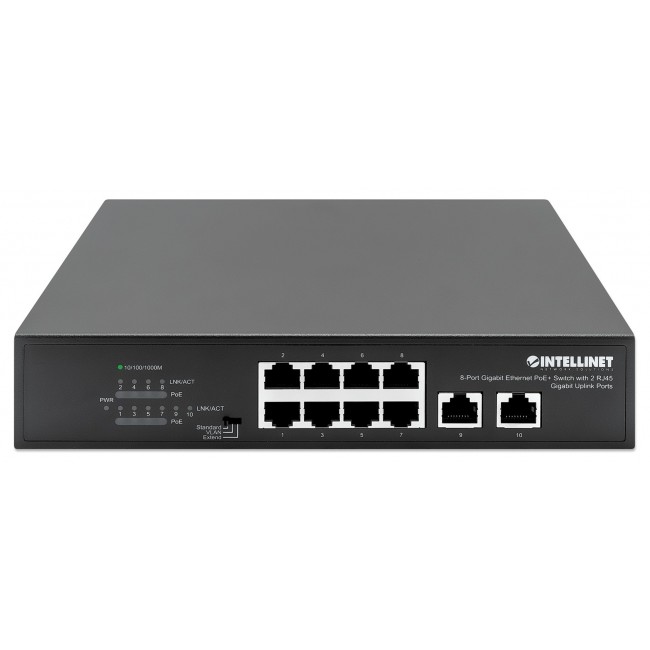 Intellinet 8-Port Gigabit Ethernet PoE+ Switch with 2 RJ45 Gigabit Uplink Ports, IEEE 802.3at/af Power over Ethernet (PoE+/PoE) Compliant, 120 W, Endspan, Desktop (WITH C14 2 PIN POWER CORD) Intellinet 8-Port Gigabit Ethernet PoE+ Switch with 2 RJ45 Gigabit Uplink Ports, IEEE 802.3at/af Power over Ethernet (PoE+/PoE) Compliant, 120 W, Endspan, Desktop (WITH C14 2 PIN POWER CORD)