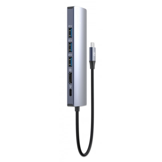 Manhattan USB-C Dock/Hub, Ports (x6): Ethernet, HDMI, USB-A (x3) and USB-C, with Power Delivery (PD) 100W- requires external USB-C charger (not included). USB powered (no external power supply required) when PD is not in use