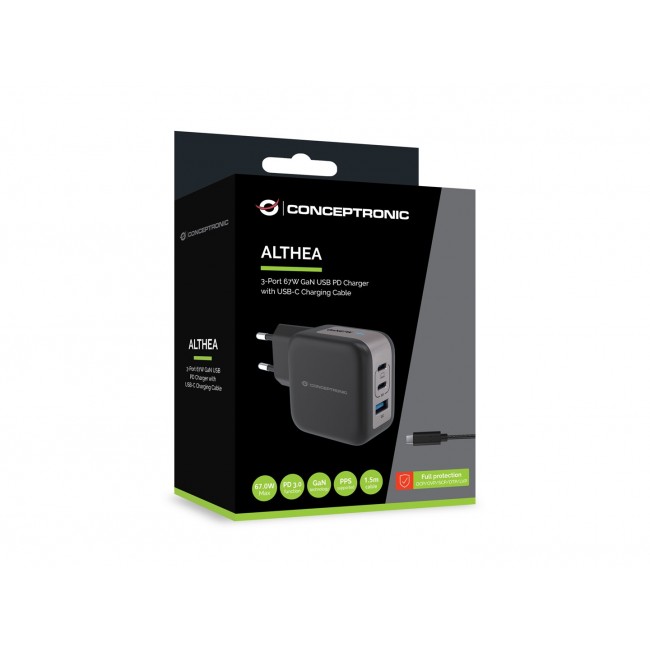 Conceptronic 3-Port 67W GaN USB PD Charger with USB-C Charging Cable, USB-C x 2, USB-A x 1, QC 3.0, PPS