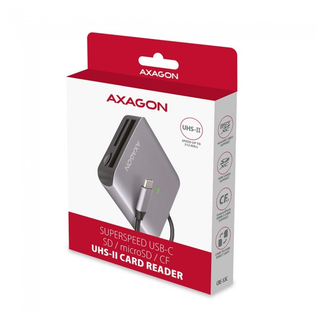 Axagon CRE-S3C Aluminum high-speed USB-C 3.2 Gen 1 memory card reader. 3 slots, UHS-II