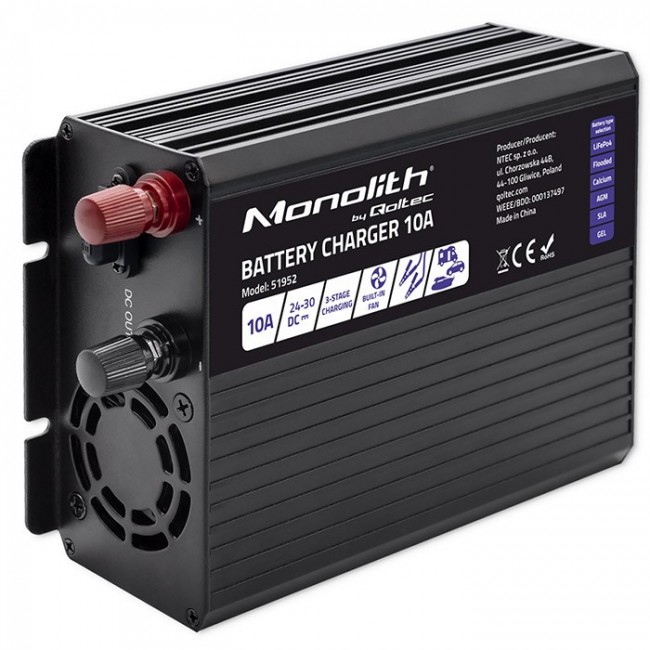 Qoltec Smart Monolith Battery Charger for LiFePO4 AGM GEL SLA batteries | 10A | 24V Qoltec Smart Monolith Battery Charger for LiFePO4 AGM GEL SLA batteries | 10A | 24V