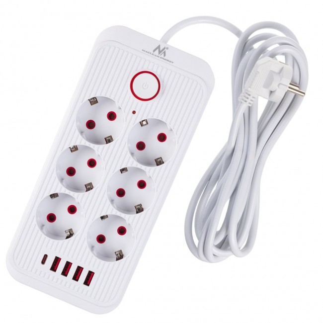 Maclean power strip, 6 socket extension + 4xUSB, 110-240V AC 50/60Hz, 2.1A max 2500W, 3m, white, MCE391 W