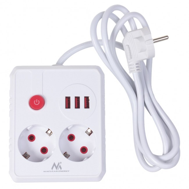 Maclean power strip, extension cord 2 sockets + 3xUSB, 110-240V AC 50/60Hz, 2.1A max 2500W, 1.5m, white, MCE387 W Maclean power strip, extension cord 2 sockets + 3xUSB, 110-240V AC 50/60Hz, 2.1A max 2500W, 1.5m, white, MCE387 W