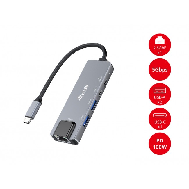 Equip 5 in 1 Multifunctional Adapter, 2.5GbE, USB-A x 2, USB-C x 1, USB-C , 100W USB PD Equip 5 in 1 Multifunctional Adapter, 2.5GbE, USB-A x 2, USB-C x 1, USB-C , 100W USB PD